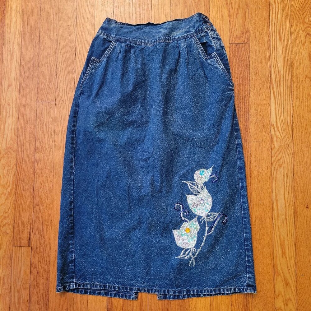 Pret M Vintage Blue Jean Denim Skirt Pockets Elastic Back Slit Embroidered Bling